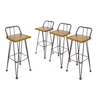 Christopher Knight Home Leonardo Outdoor Industrial Acacia Wood Barstools With Finished Iron Frame, 4-Pcs Set, Teak Finish / Rustic Metal