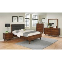 Mid-century design with a swanky, luxe look and feel that converts your bedroom into the ultimate retreatRounded corners throughout add updated, modern flairRounded tapered legs and a dark walnut finish add quintessential styleBed features a thick, padded