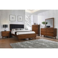 Mid-century design with a swanky, luxe look and feel that converts your bedroom into the ultimate retreatRounded corners throughout add updated, modern flairRounded tapered legs and a dark walnut finish add quintessential styleBed features a thick, padded