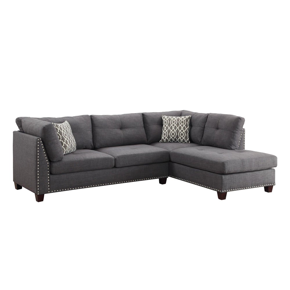 Acme Laurissa Sectional Sofa With 2 Pillows And Ottoman In Light Charcoal Linen