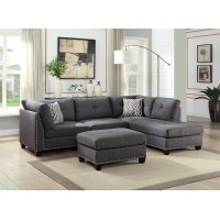 Acme Laurissa Sectional Sofa With 2 Pillows And Ottoman In Light Charcoal Linen