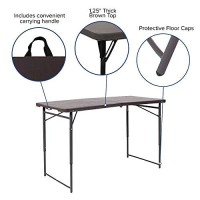 Flash Furniture Mills 4-Foot Height Adjustable Bi-Fold Brown Wood Grain Plastic Folding Table With Carrying Handle