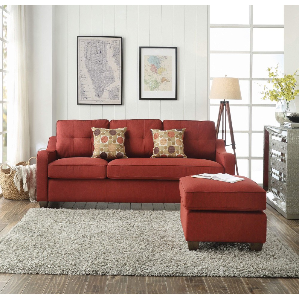 Acme Cleavon Ii Linen Fabric Reversible Sectional Sofa And Ottoman In Red