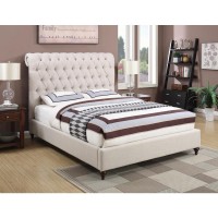 Chesterfield style upholstered bedScrolled button tufted headboardIndividually applied bronze nailhead trimAvailable in beige fabric, grey fabric, and brown leatheretteSolid birch legs in cappuccino finishAlso available as headboard onlyPine and plywood f