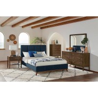 Mid-century modern upholstered bed in blue fabricBed features vertical channel detail and exposed solid hardwood trimAngled solid rubberwood legs in walnut finishRubberwood and plywood frameSlat kit included