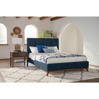 Mid-century modern upholstered bed in blue fabricBed features vertical channel detail and exposed solid hardwood trimAngled solid rubberwood legs in walnut finishRubberwood and plywood frameSlat kit included