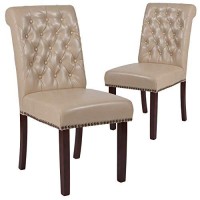 Flash Furniture Set Of 2 Hercules Series Beige Leathersoft Parsons Chair With Rolled Back, Accent Nail Trim And Walnut Finish