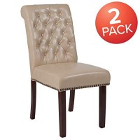 Flash Furniture Set Of 2 Hercules Series Beige Leathersoft Parsons Chair With Rolled Back, Accent Nail Trim And Walnut Finish