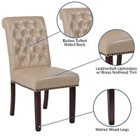 Flash Furniture Set Of 2 Hercules Series Beige Leathersoft Parsons Chair With Rolled Back, Accent Nail Trim And Walnut Finish