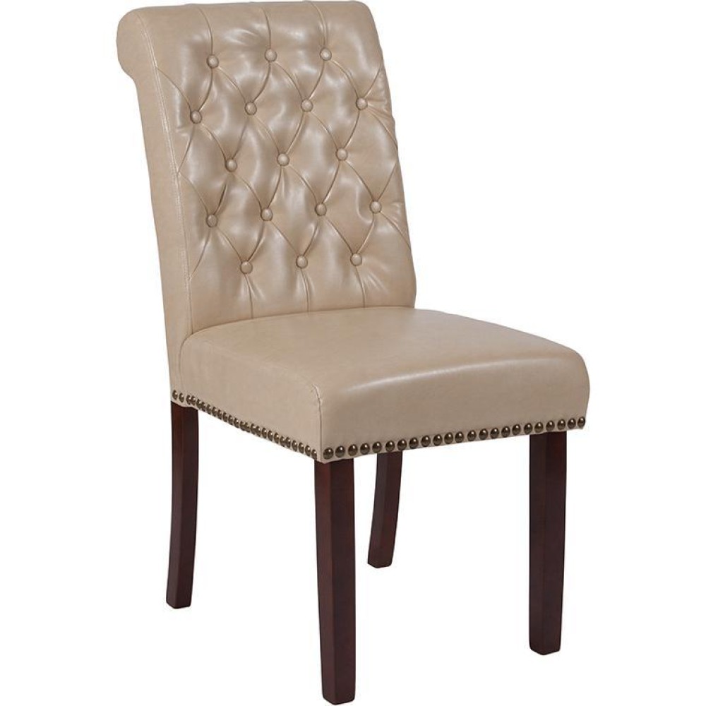 Hercules Series Beige Leathersoft Parsons Chair With Rolled Back, Accent Nail Trim And Walnut Finish