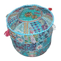 Aakriti Gallery Indian Pouf Footstool Ethnic Embroidered Pouf Cover, Indian Cotton Round Pouffe Ottoman Pouf Cover Pillow Ethnic Decor Art - Cover Only (Turquoise, 22X14)