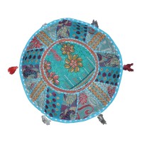 Aakriti Gallery Indian Pouf Footstool Ethnic Embroidered Pouf Cover, Indian Cotton Round Pouffe Ottoman Pouf Cover Pillow Ethnic Decor Art - Cover Only (Turquoise, 22X14)