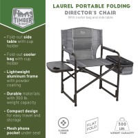 Timber Ridge Lightweight Camping Chair, Portable Laurel Director'S Chair With Foldable Side Table, Cooler Bag & Mesh Pocket, Compact Outdoor Folding Lawn Chair, Supports 300Lbs, Grey