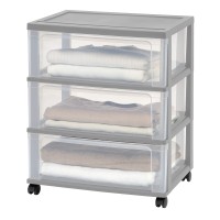 Iris Usa 3 Drawer Wide Storage Drawer Cart With Caster Wheels, Plastic Rolling Dresser For Home Closet Bedroom Bathroom Office Laundry Kitchen Craft Room Nursery And School Dorm, Gray/Clear