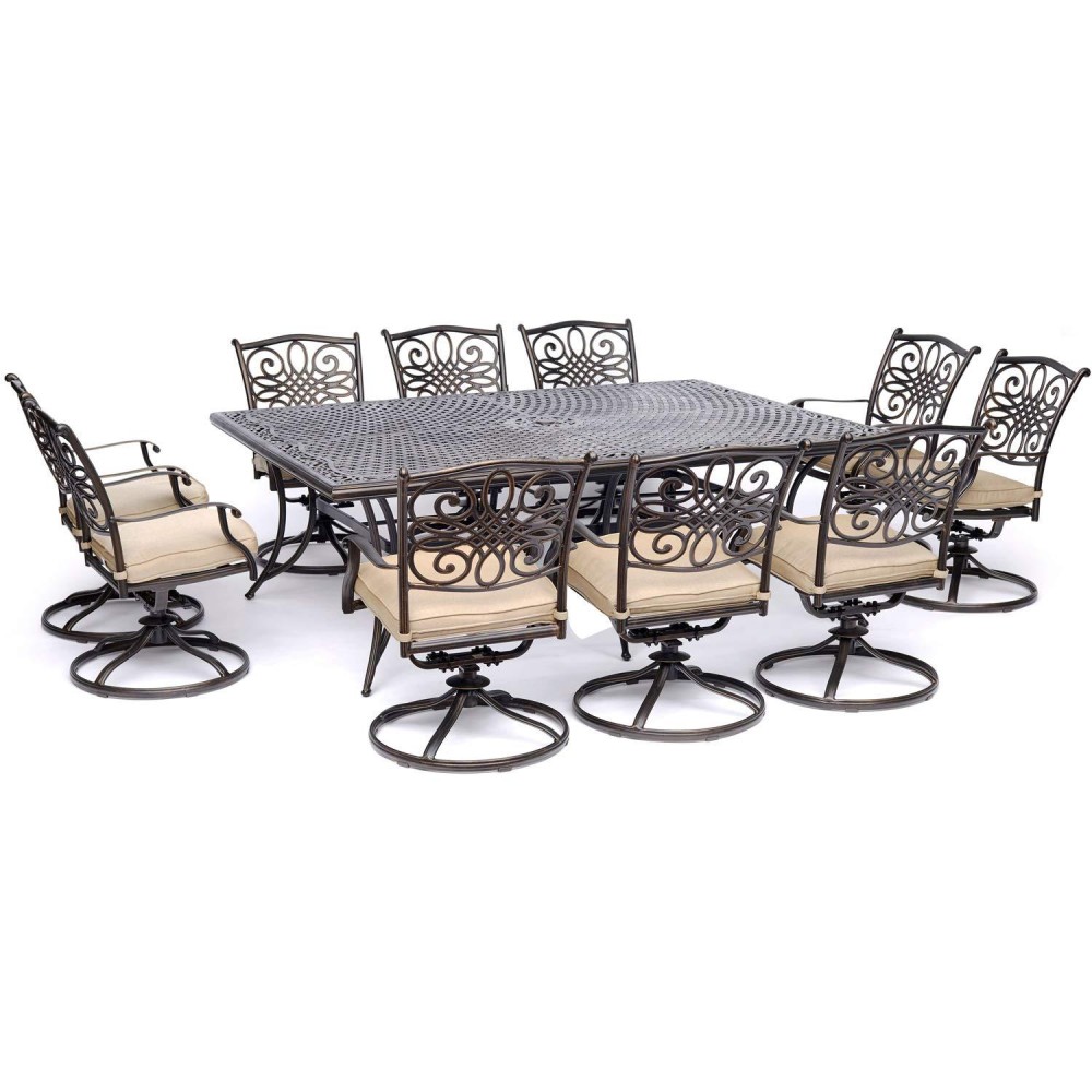 Hanover Traditions 11-Piece Modern Outdoor Furniture Patio Dining Set With Rust-Free Cast Aluminum Rectangular Large Dining Table And 10 Swivel Rocker Chairs With Plush Weather Resistant Tan Cushions