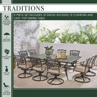 Hanover Traditions 11-Piece Modern Outdoor Furniture Patio Dining Set With Rust-Free Cast Aluminum Rectangular Large Dining Table And 10 Swivel Rocker Chairs With Plush Weather Resistant Tan Cushions