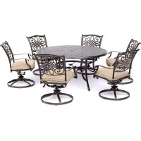 Hanover Traditions 7-Piece Rust-Free Aluminum Outdoor Patio Dining Set With Tan Cushions, 6 Swivel Rockers And Aluminum Round Dining Table