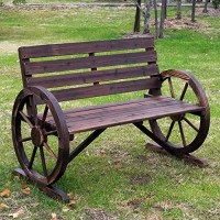 Outsunny Wooden Wagon Wheel Bench, Rustic Outdoor Patio Furniture, 2-Person Seat Bench For Backyard, Patio, Garden, 41.5