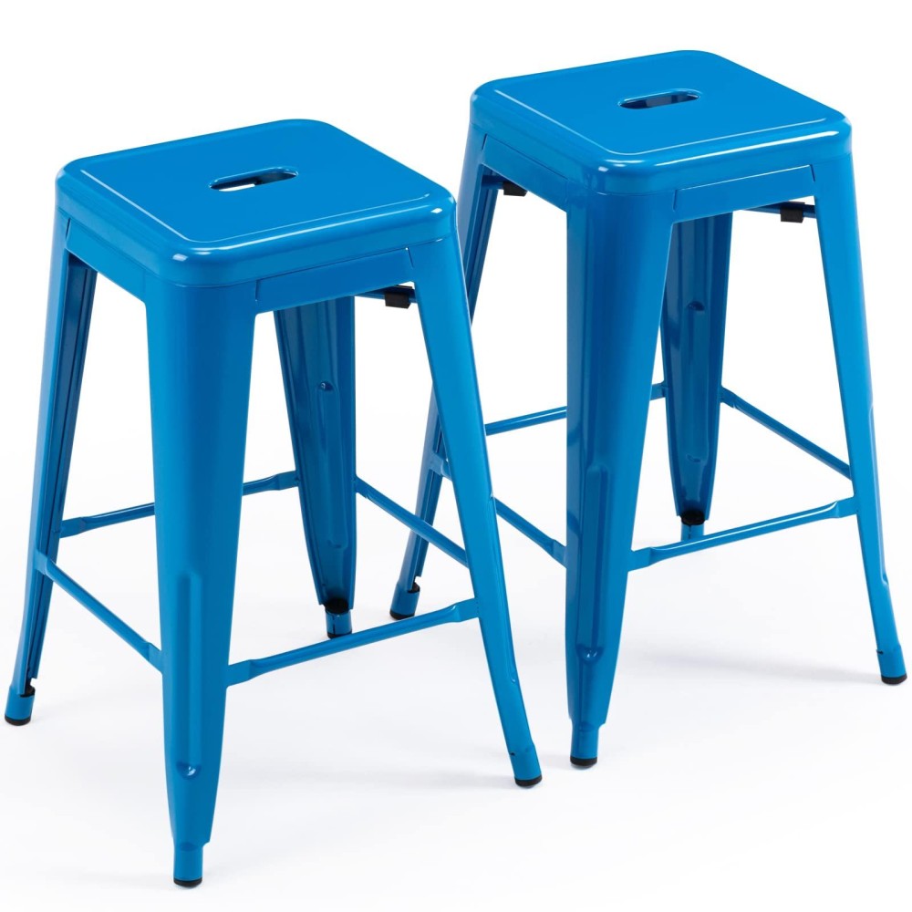 Vogue Furniture Direct 24 Inch Metal Bar Stools, Backless Counter Height Barstools, Indoor Outdoor Stackable Stools With Square Seat, Set Of 2 (Blue)