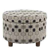 Homepop Home Decor | Upholstered Round Storage Ottoman | Ottoman with Storage for Living Room & Bedroom (Black Geo) Large