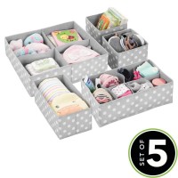 Mdesign Soft Fabric Dresser Drawer/Closet Divided Storage Organizer Bins For Nursery - Holds Blankets, Bibs, Socks, Lotion, Clothes, Shoes, Toys - Set Of 5 - Gray/White Polka Dot