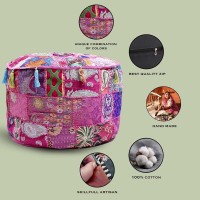Aakriti Gallery Indian Pouf Footstool Ethnic Embroidered Pouf Cover, Indian Cotton Round Pouffe Ottoman Pouf Cover Pillow Ethnic Decor Art - Cover Only (Pink, 18X13)
