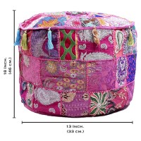 Aakriti Gallery Indian Pouf Footstool Ethnic Embroidered Pouf Cover, Indian Cotton Round Pouffe Ottoman Pouf Cover Pillow Ethnic Decor Art - Cover Only (Pink, 18X13)