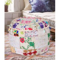 Aakriti Gallery Indian Pouf Footstool Ethnic Embroidered Pouf Cover, Indian Cotton Round Pouffe Ottoman Pouf Cover Pillow Ethnic Decor Art - Cover Only (White, 18x13)