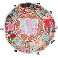 Aakriti Gallery Indian Pouf Footstool Ethnic Embroidered Pouf Cover, Indian Cotton Round Pouffe Ottoman Pouf Cover Pillow Ethnic Decor Art - Cover Only (White, 18x13)