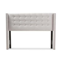 Baxton Studio Ginaro Modern And Contemporary Greyish Beige Fabric Button-Tufted Nail Head Queen Size Winged Headboard/Contemporary/Fabric Polyester 100%