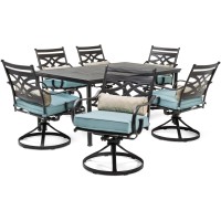 Hanover Montclair 7-Piece Patio Dining Set With 6 Swivel Rockers, Ocean Blue Cushions And Stamped Steel Rectangular Dining Table, Outdoor Dining Set For 6, Premium All-Weather Patio Furniture For Deck