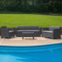 4 Piece Outdoor Faux Rattan Chair Loveseat Sofa and Table Set in Dark Gray