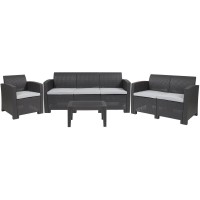 4 Piece Outdoor Faux Rattan Chair Loveseat Sofa and Table Set in Dark Gray