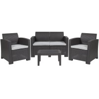 4 Piece Outdoor Faux Rattan Chair Loveseat and Table Set in Dark Gray