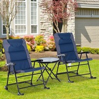 Outsunny 3 Piece Outdoor Patio Furniture Set With Glass Coffee Table & 2 Folding Padded Rocking Chairs, Bistro Style For Porch, Camping, Balcony, Blue