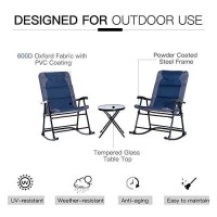 Outsunny 3 Piece Outdoor Patio Furniture Set With Glass Coffee Table & 2 Folding Padded Rocking Chairs, Bistro Style For Porch, Camping, Balcony, Blue