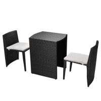 Vidaxl - 3 Piece Bistro Set In Black, Outdoor Setting With Cushions, Poly Rattan Construction, Space-Saving Design, Suitable For Balconies, Patios, And Gardens.
