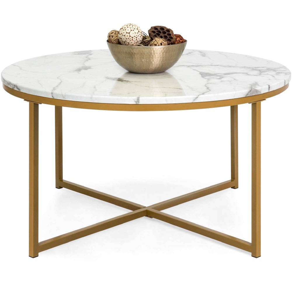 Best Choice Products 36In Faux Marble Accent Table, Modern End Table, Large Coffee Table Home Decor For Living Room, Dining Room, Tea, Coffee W/Metal Frame, Foot Caps, Designer - White/Gold