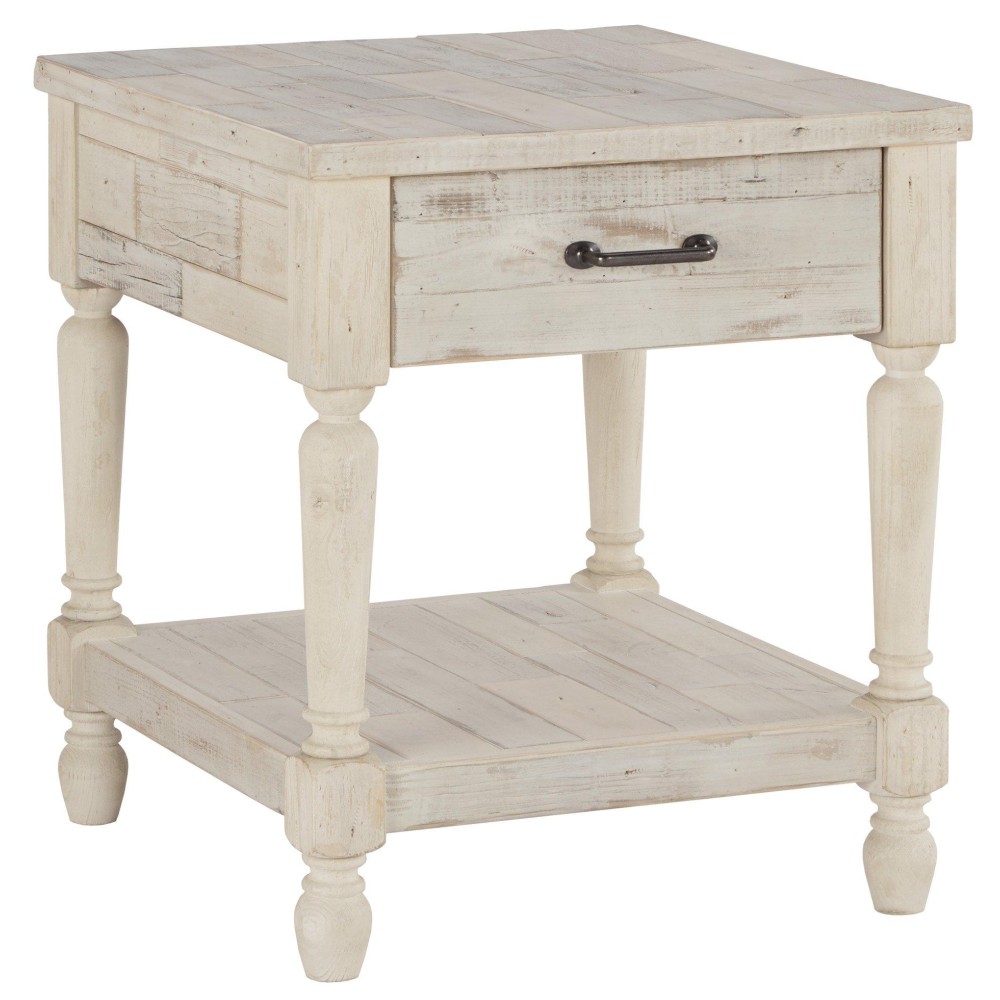 Signature Design by Ashley Shawnalore Farmhouse Solid Pine Wood End Table, Weatherworn White Finish