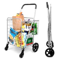 Supenice Grocery Utility Shopping Cart - Deluxe Folding Cart With Double Basket And 360? Rolling Swivel Wheels 66 Lbs Utility Cart With Wide Cushion Handle Bar For Grocery Laundry Book Luggage Travel