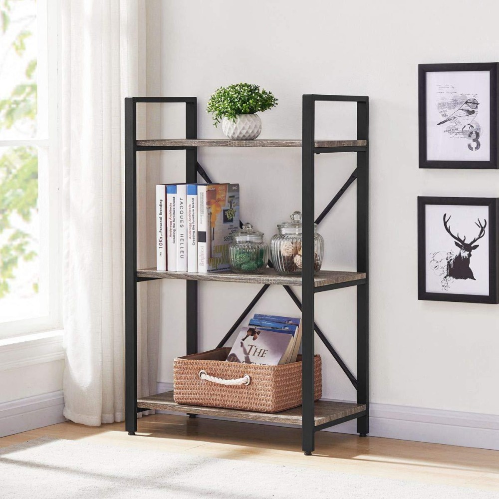 Bon Augure Small 3 Tier Bookshelf, Rustic Industrial Book Shelf, Short Wood Metal Standing Etagere Bookcase For Living Room, Bedroom And Office (Dark Gray Oak)