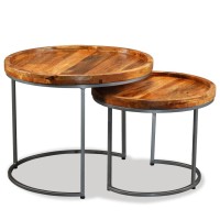 Vidaxl Set Of 2 Solid Mango Wood Side Tables - Vintage Design- Ideal As Coffee, End Tables With Wrought Iron Frame