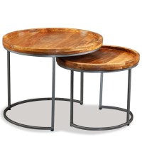 Vidaxl Set Of 2 Solid Mango Wood Side Tables - Vintage Design- Ideal As Coffee, End Tables With Wrought Iron Frame