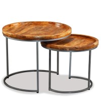 Vidaxl Set Of 2 Solid Mango Wood Side Tables - Vintage Design- Ideal As Coffee, End Tables With Wrought Iron Frame