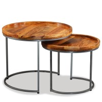 Vidaxl Set Of 2 Solid Mango Wood Side Tables - Vintage Design- Ideal As Coffee, End Tables With Wrought Iron Frame