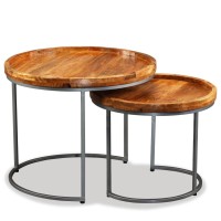 Vidaxl Set Of 2 Solid Mango Wood Side Tables - Vintage Design- Ideal As Coffee, End Tables With Wrought Iron Frame