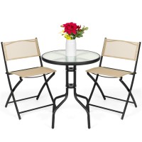 Best Choice Products 3Piece Patio Bistro Dining Furniture Set Wtextured Glass Tabletop 2 Folding Chairs Steel Frame Polyest