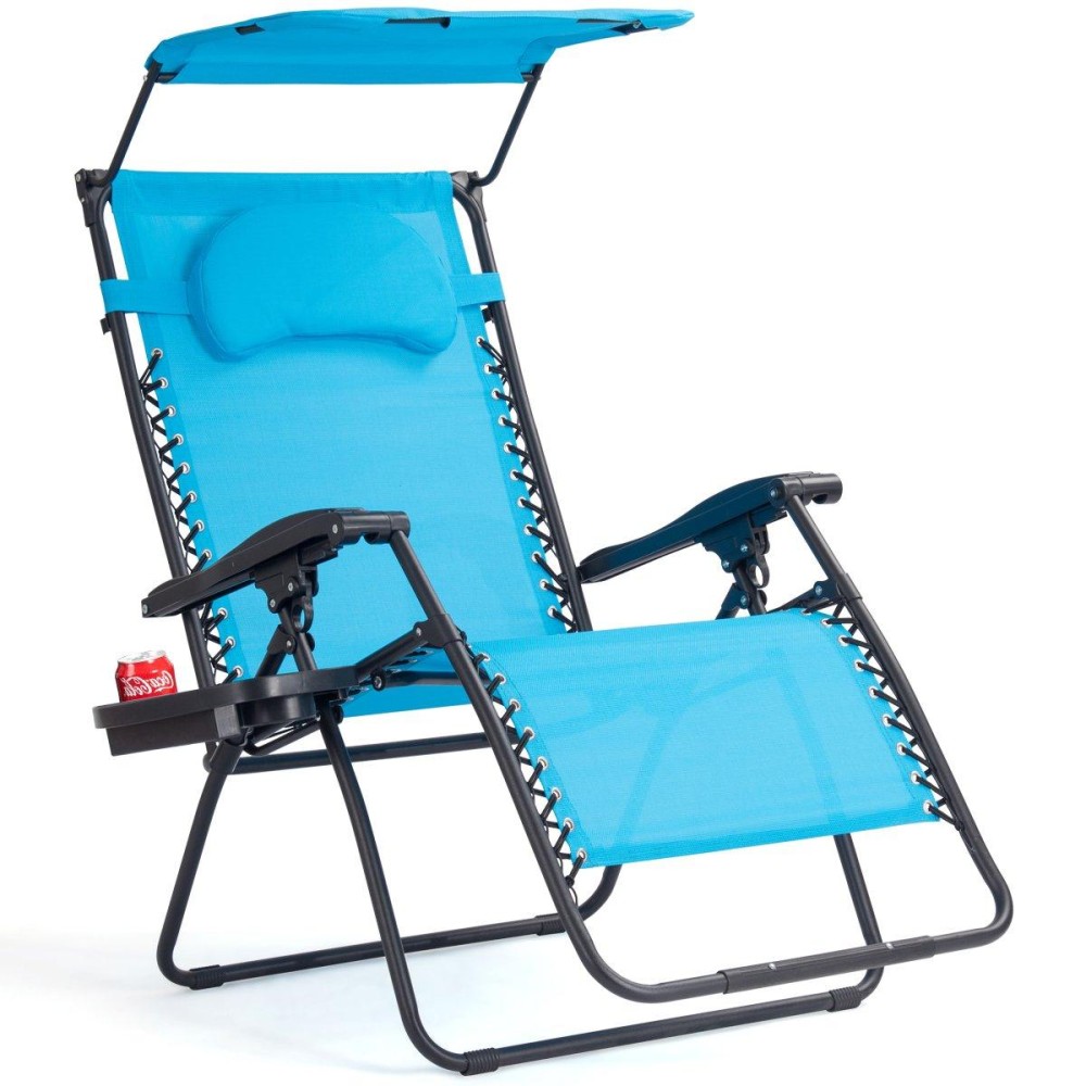 Goplus Zero Gravity Chairs, X-Large Folding Lounge Lawn Chair W/Canopy Shade & Cup Holder, Adjustable Folding Patio Recliner For Pool Porch Deck Oversize (Blue)