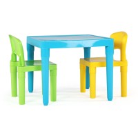 Humble Crew, Aqua Table & Green/Yellow Kids Lightweight Plastic Table And 2 Chairs Set, Square, Toddler