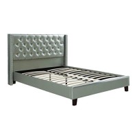 Benzara Faux Leather Upholstered Queen Size Bed Featuring Nail Head Trim, Silver